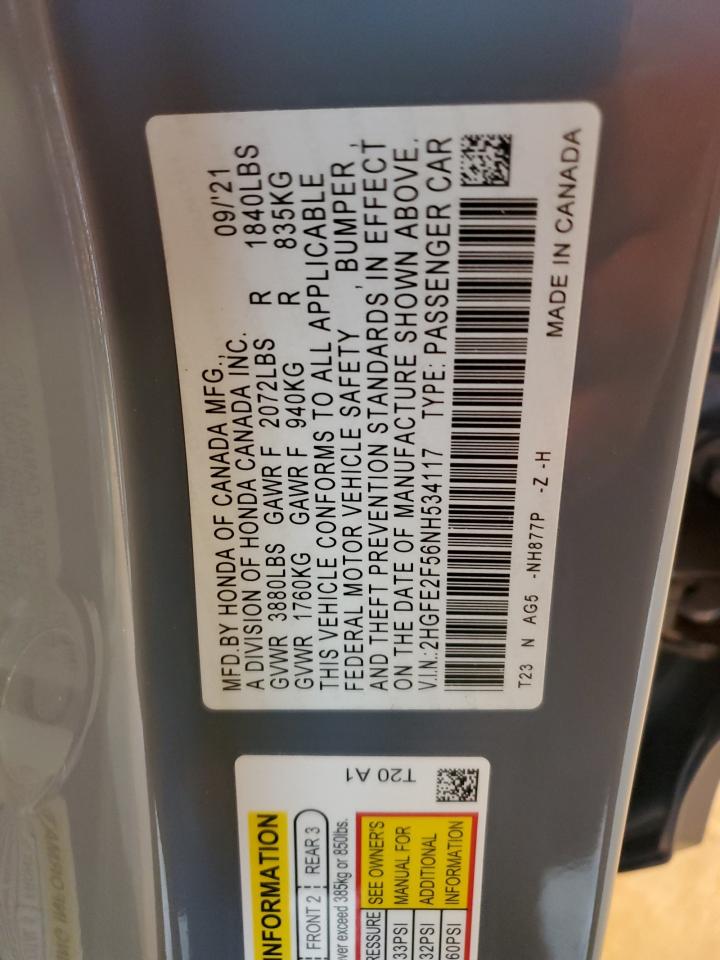 2022 HONDA CIVIC SPORT VIN:2HGFE2F56NH534117