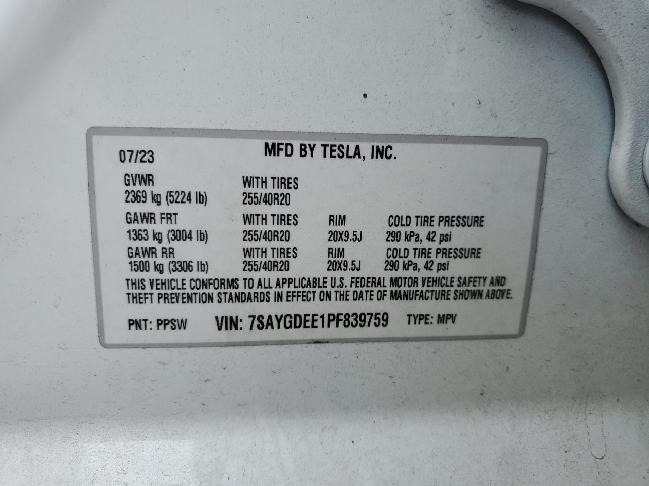 2023 TESLA MODEL Y  VIN:7SAYGDEE1PF839759