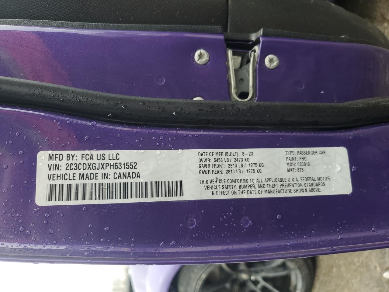 2023 DODGE CHARGER SCAT PACK VIN:2C3CDXGJXPH631552