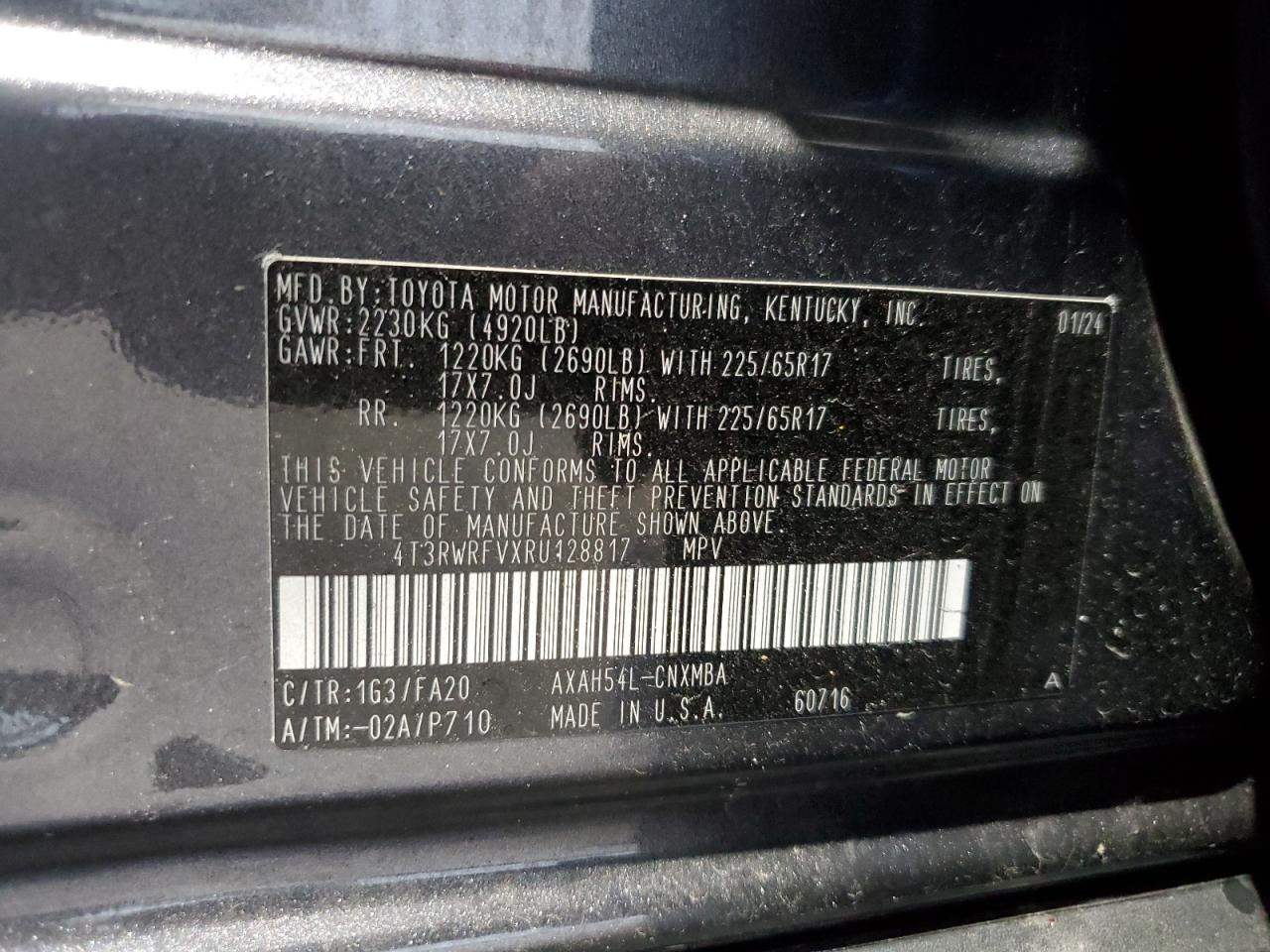 2024 TOYOTA RAV4 XLE VIN:4T3RWRFVXRU128817