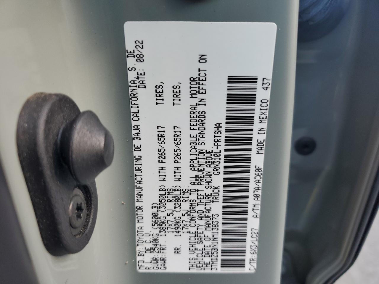 2022 TOYOTA TACOMA DOUBLE CAB VIN:3TMDZ5BN1NM138373