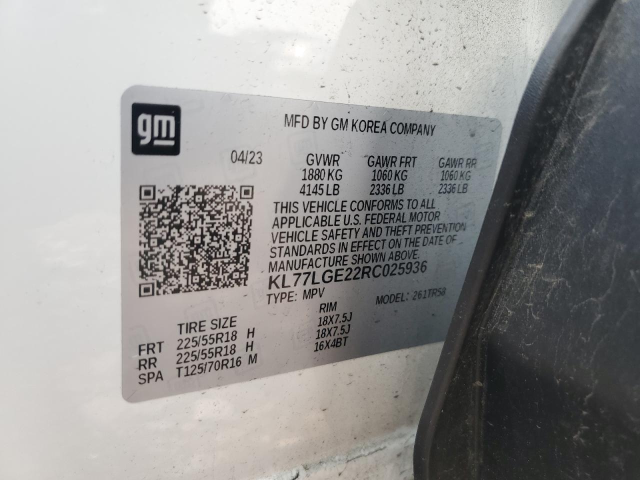 2024 CHEVROLET TRAX 1RS VIN:KL77LGE22RC025936