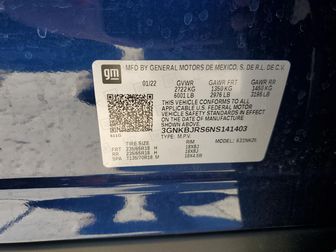 2022 CHEVROLET BLAZER 3LT VIN:3GNKBJRS6NS141403