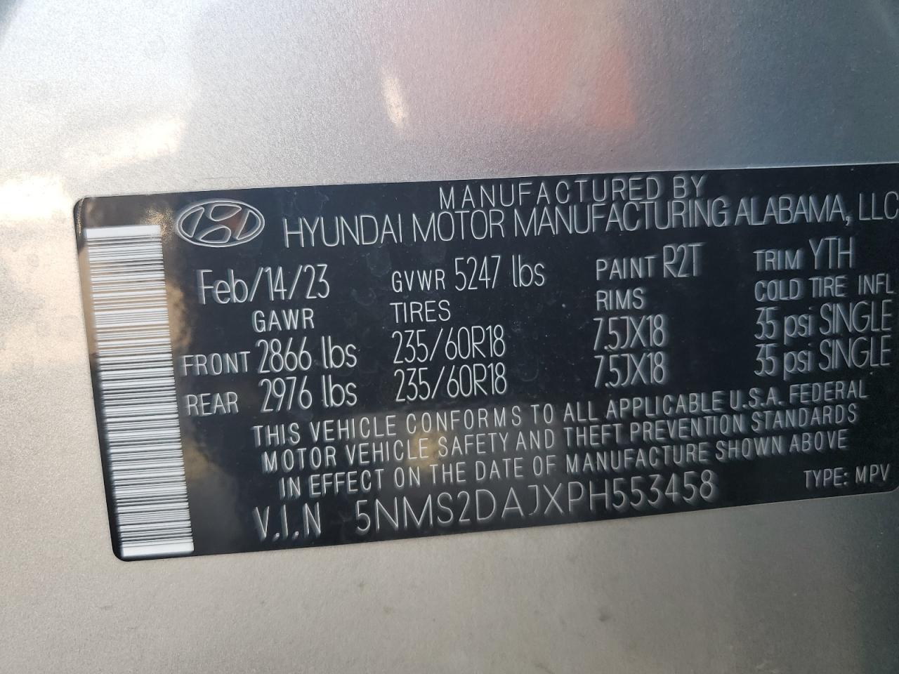 2023 HYUNDAI SANTA FE SEL VIN:5NMS2DAJXPH553458