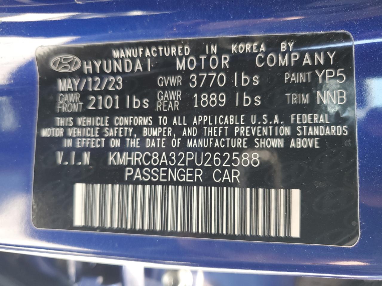 2023 HYUNDAI VENUE SEL VIN:KMHRC8A32PU262588