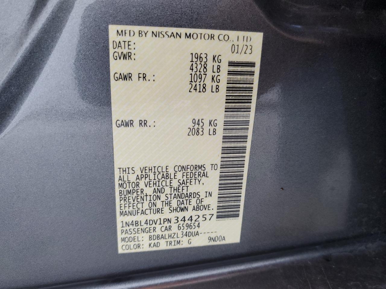 2023 NISSAN ALTIMA SV VIN:1N4BL4DV1PN344257