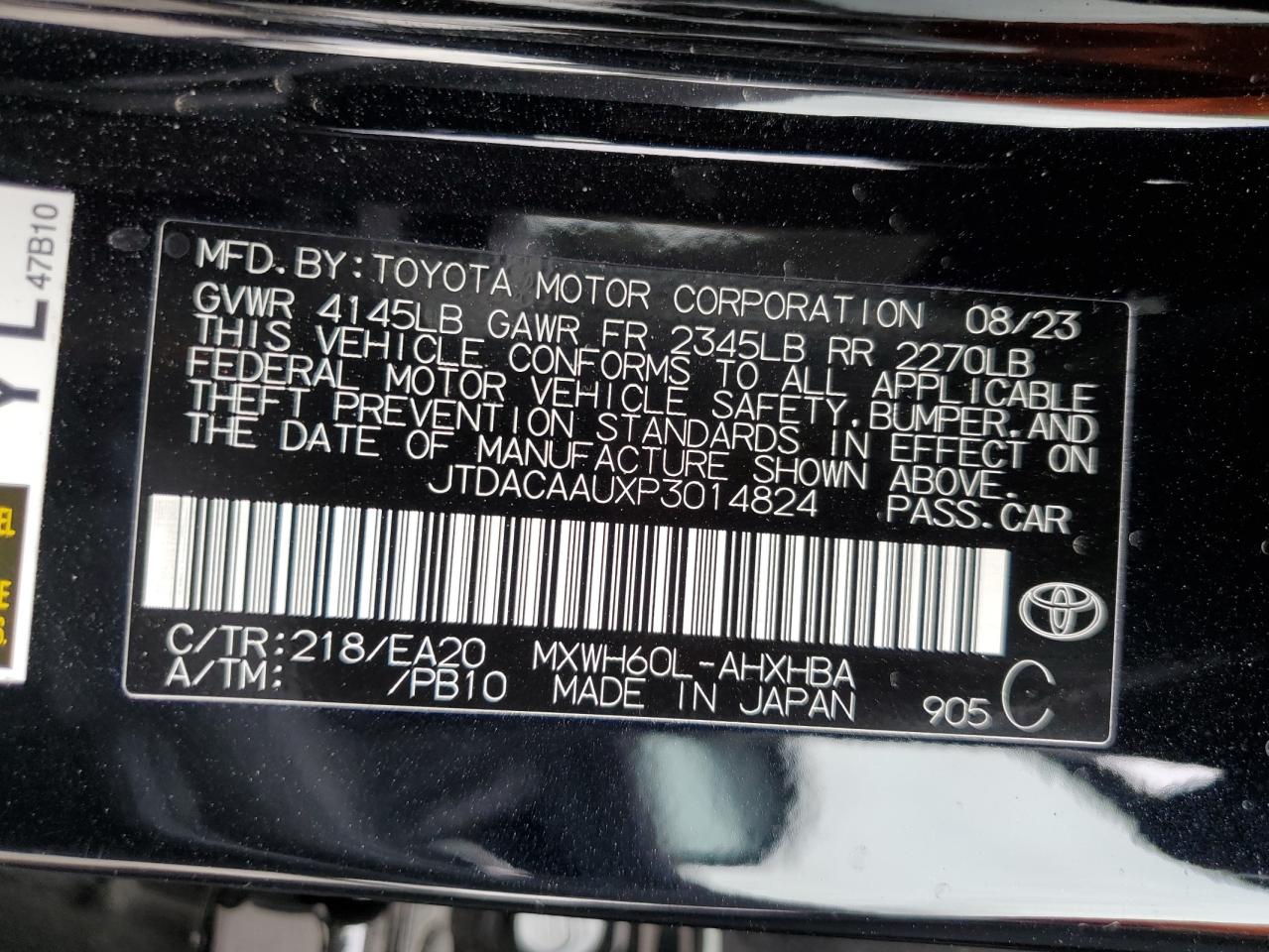 2023 TOYOTA PRIUS LE VIN:JTDACAAUXP3014824