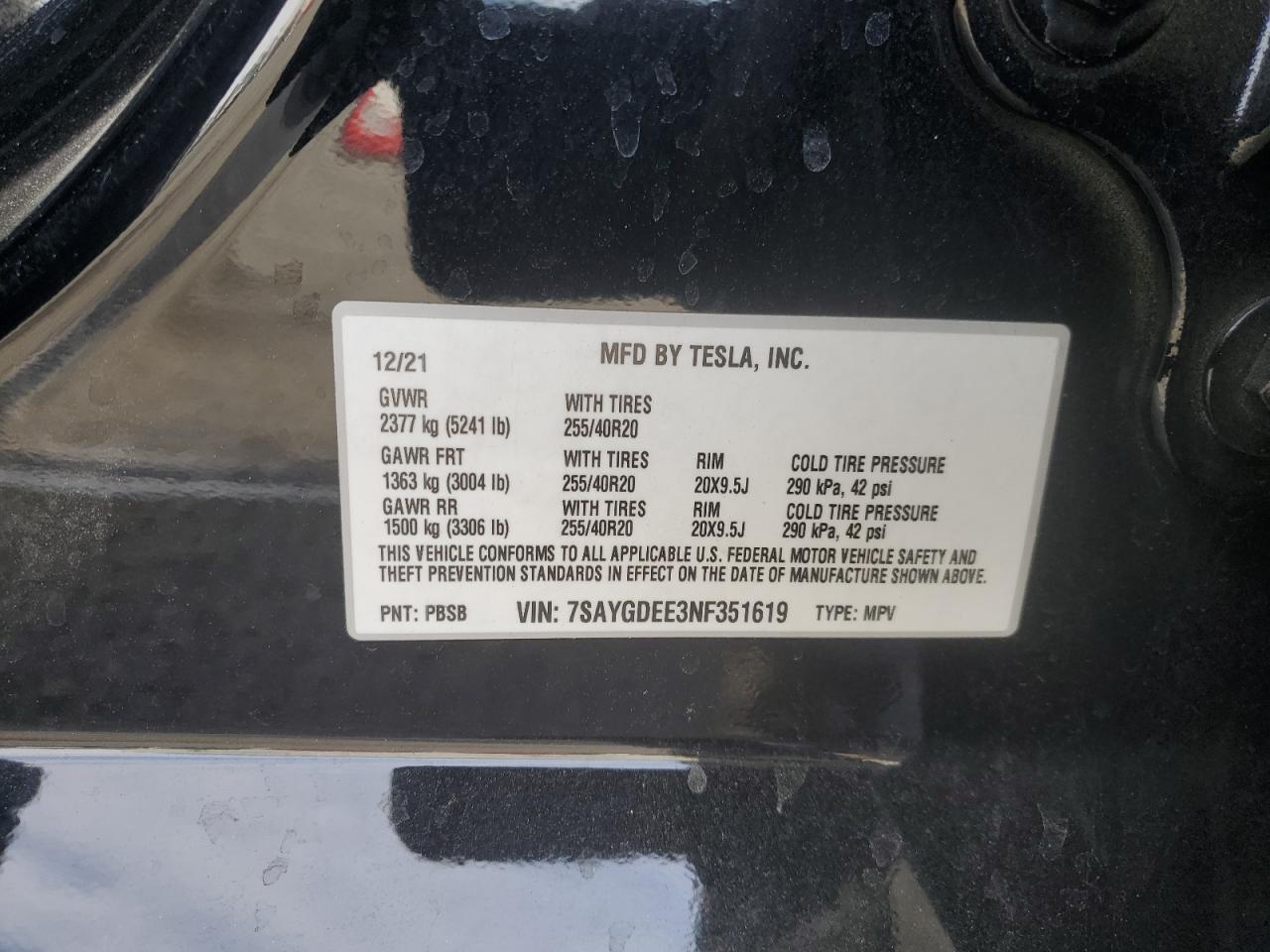 2022 TESLA MODEL Y  VIN:7SAYGDEE3NF351619