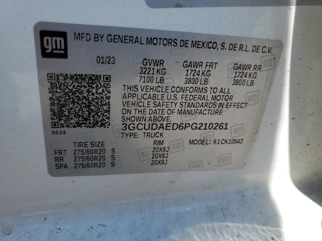 2023 CHEVROLET SILVERADO K1500 VIN:3GCUDAED6PG210261