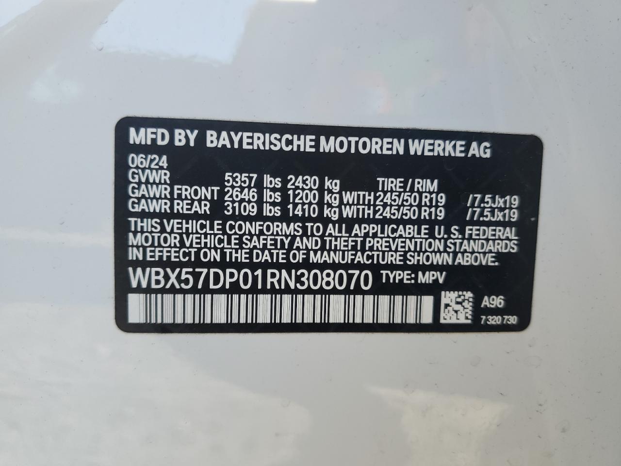 2024 BMW X3 XDRIVE30I VIN:WBX57DP01RN308070
