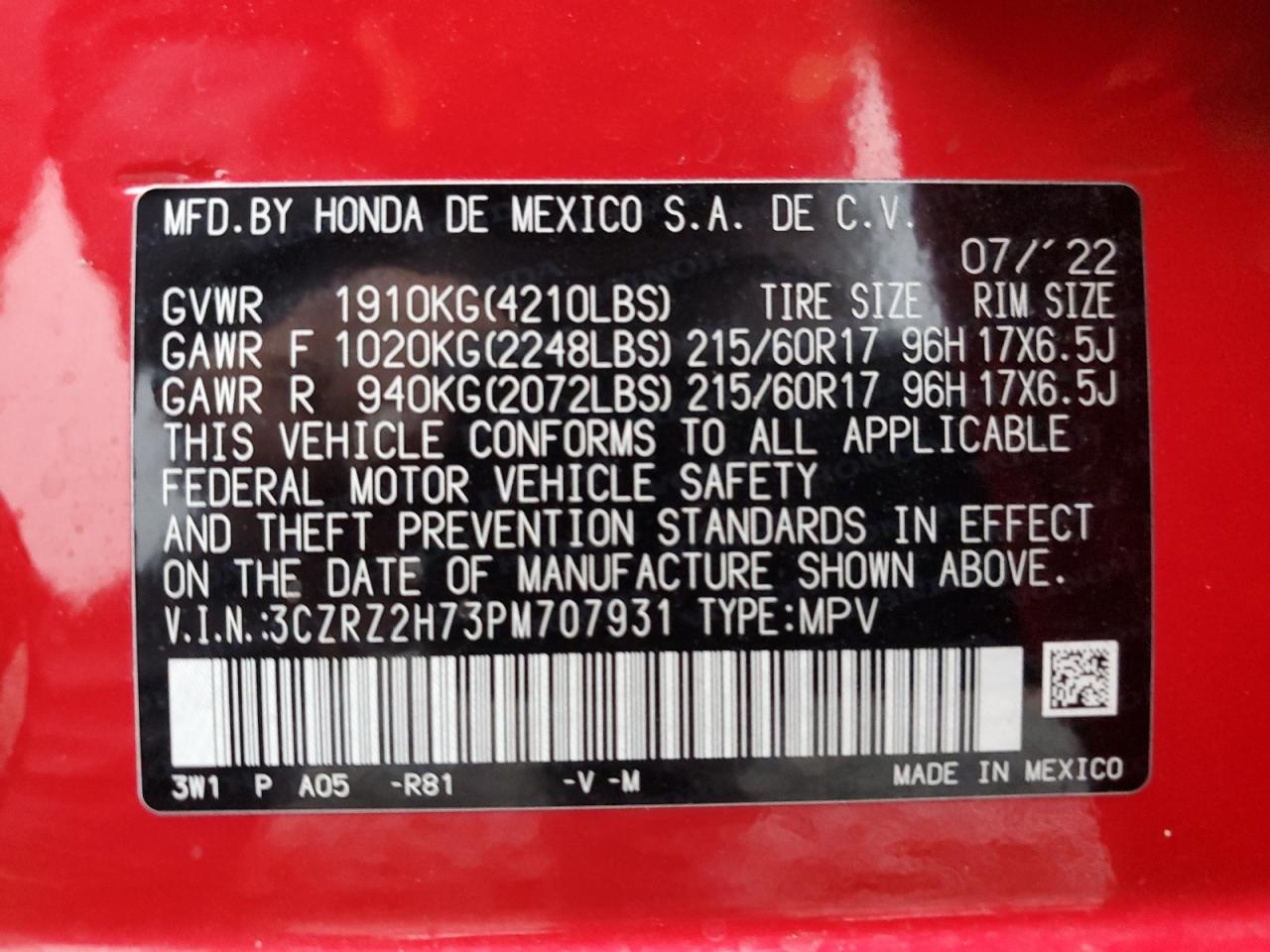 2023 HONDA HR-V EXL VIN:2HKRM4H31FH630493