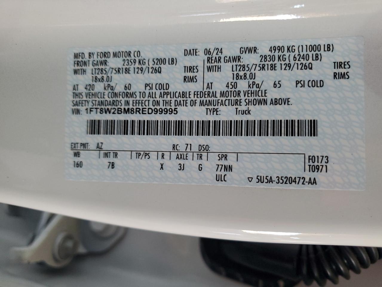 2024 FORD F250 SUPER DUTY VIN:1FT8W2BM8RED99995