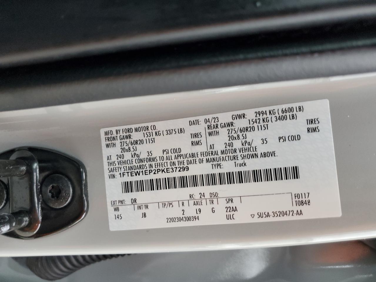 2023 FORD F150 SUPERCREW VIN:1FTEW1EP2PKE37299