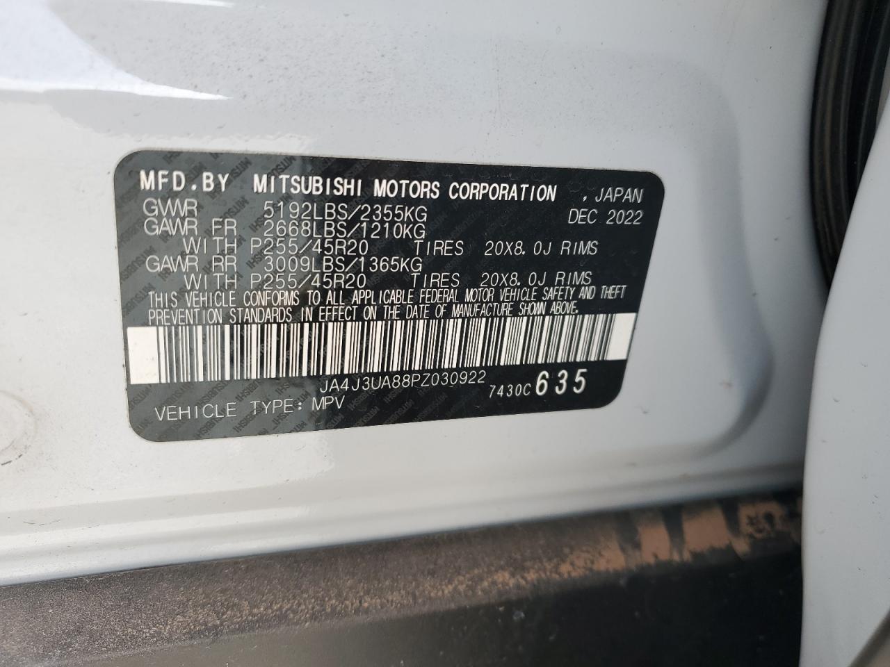 2023 MITSUBISHI OUTLANDER SE VIN:JA4J3UA88PZ030922