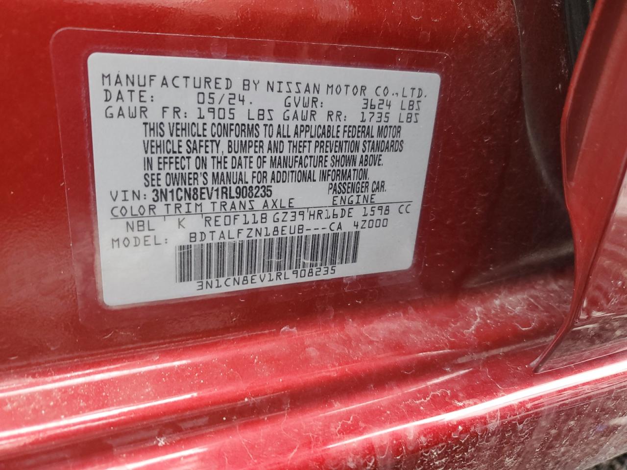 2024 NISSAN VERSA SV VIN:3N1CN8EV1RL908235