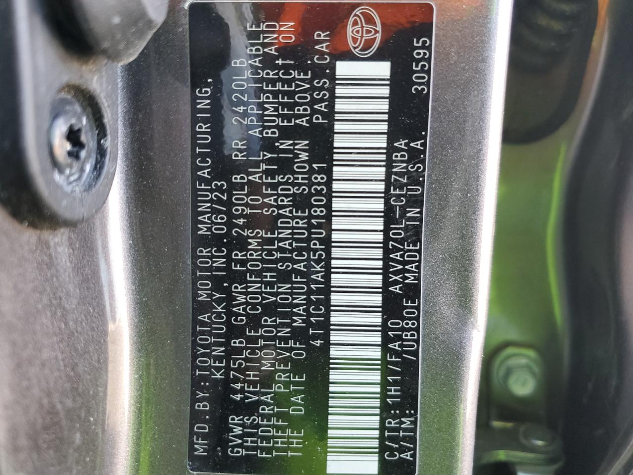 2023 TOYOTA CAMRY LE VIN:4T1C11AK5PU180381
