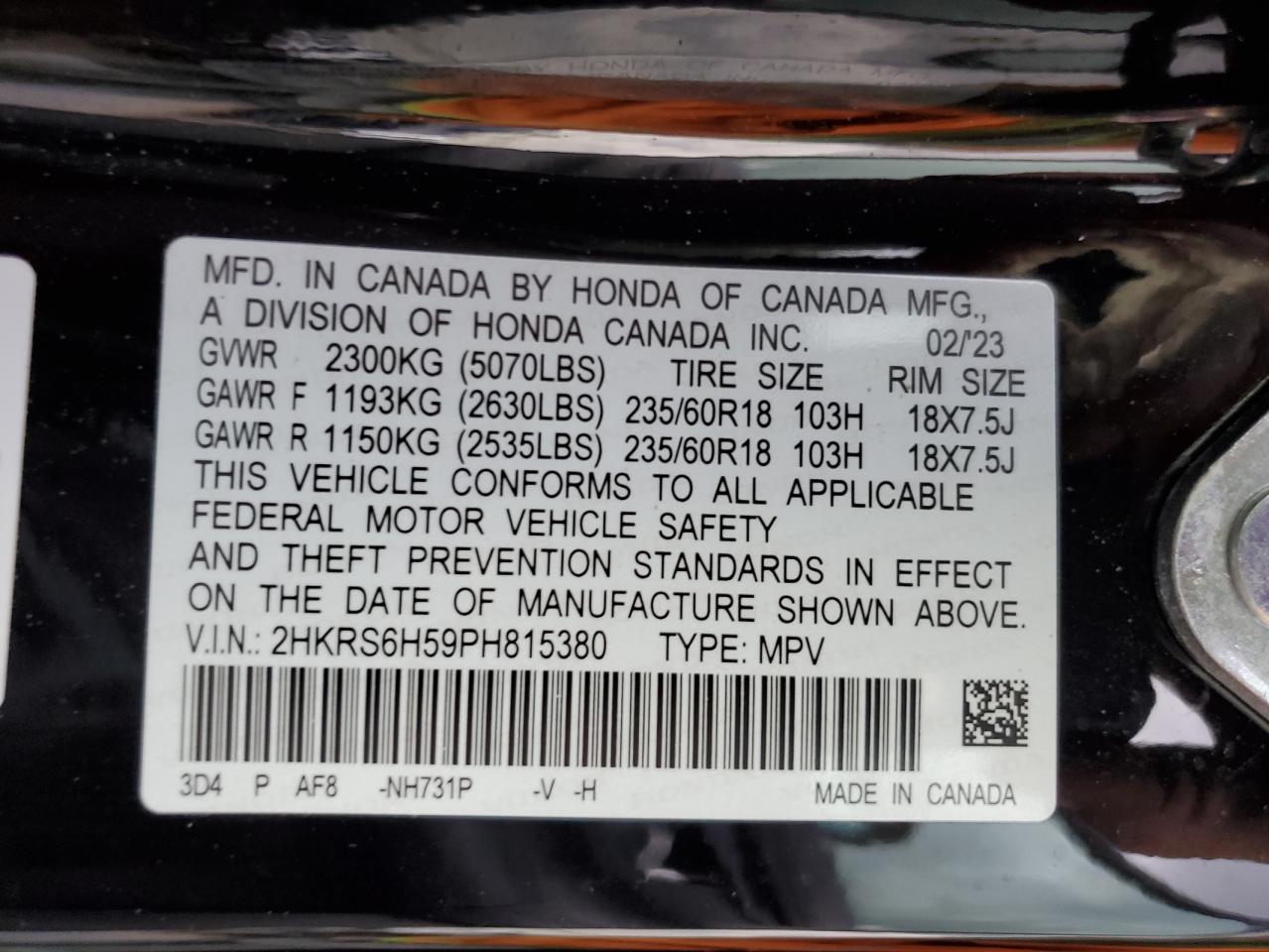 2023 HONDA CR-V SPORT VIN:2HKRS6H59PH815380