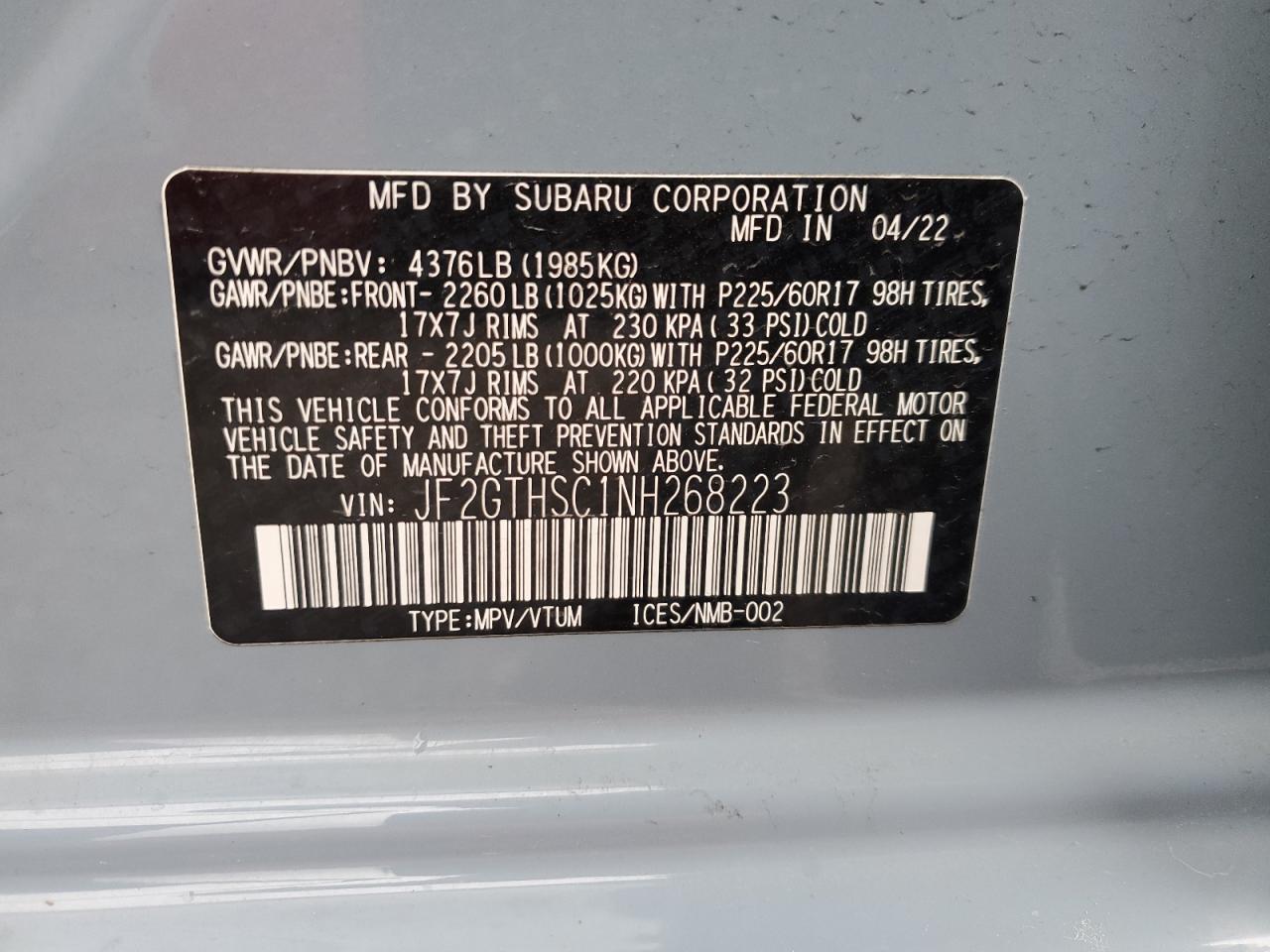 2022 SUBARU CROSSTREK SPORT VIN:JF2GTHSC1NH268223