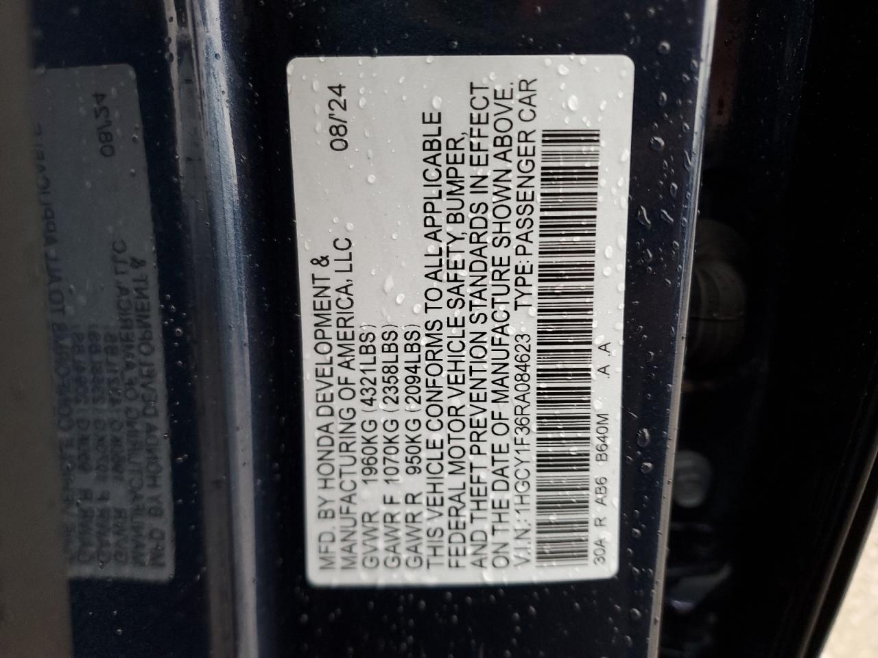 2024 HONDA ACCORD EX VIN:1HGCY1F36RA084623