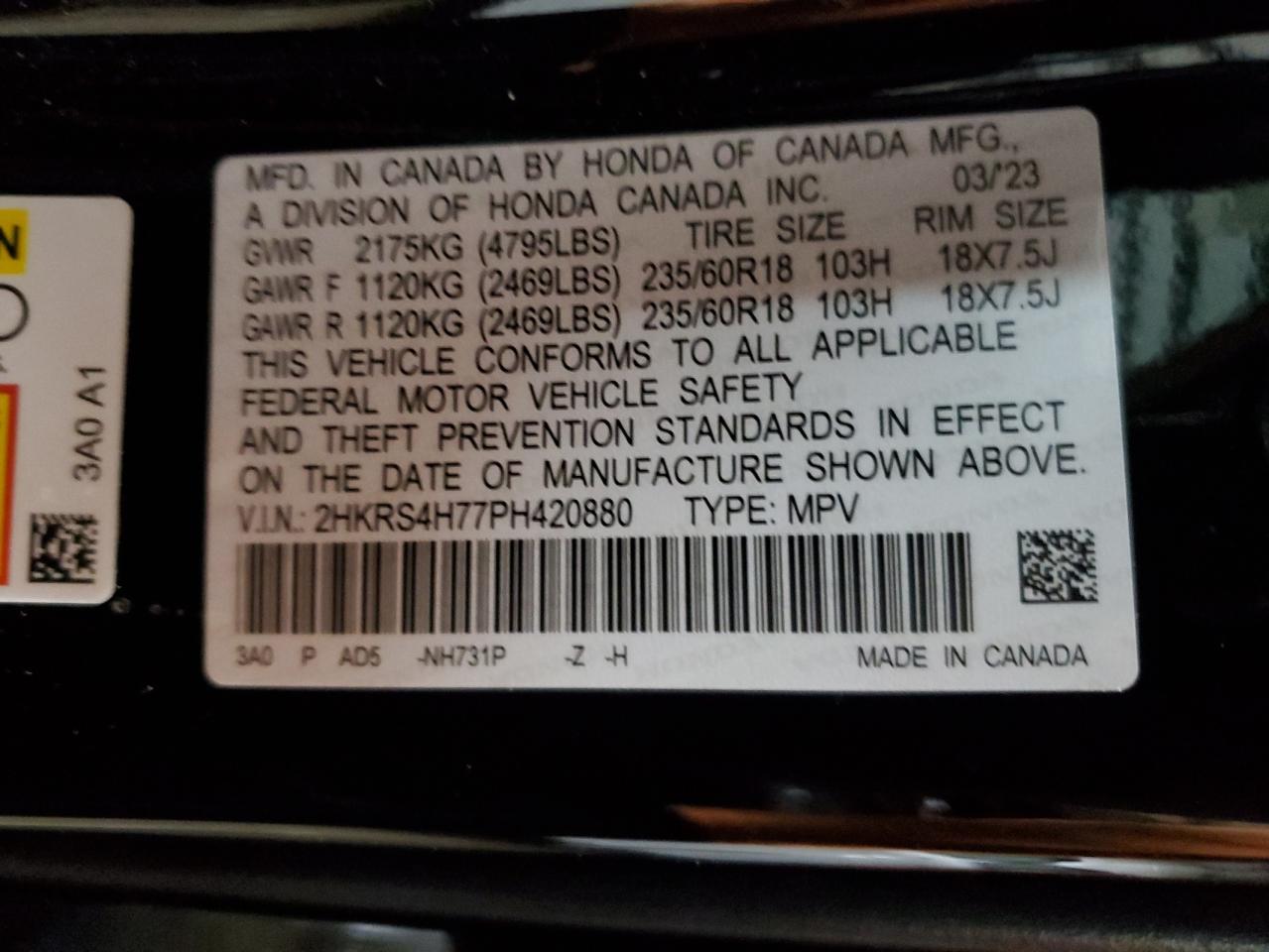 2023 HONDA CR-V EXL VIN:2HKRS4H77PH420880