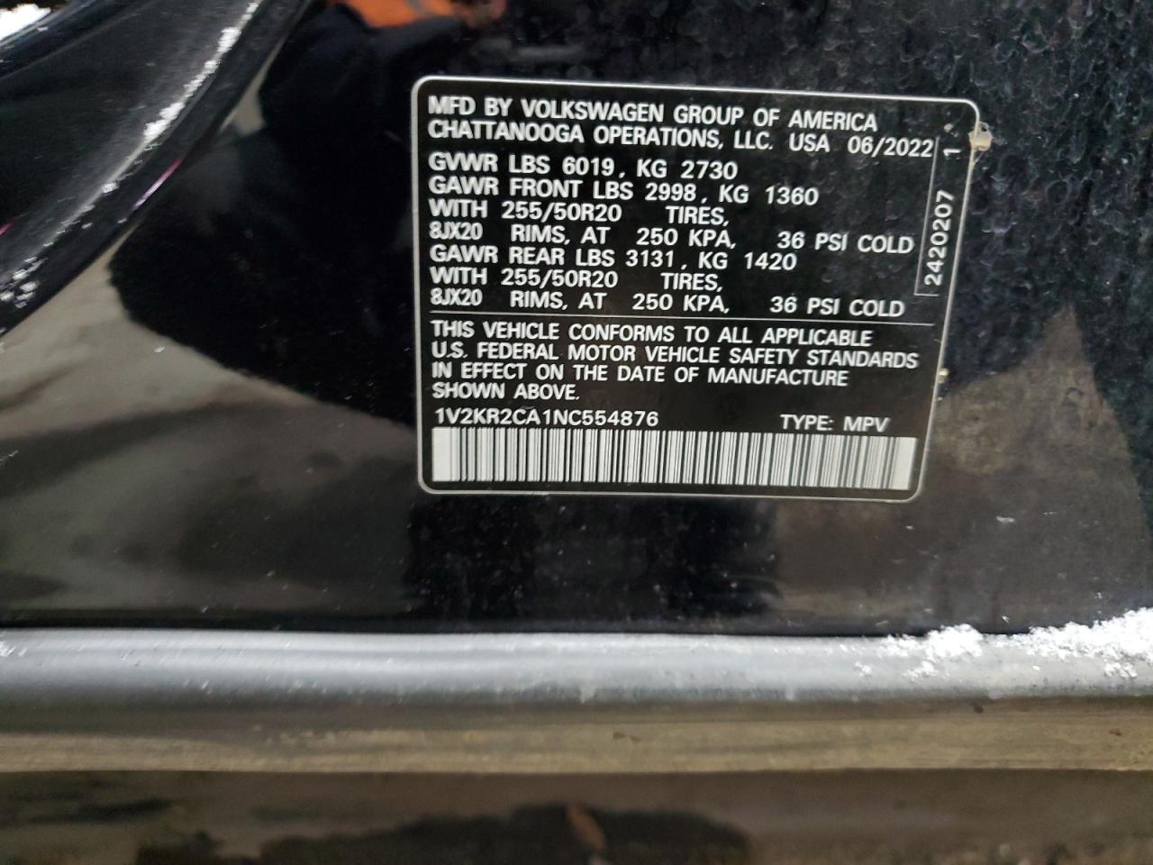 2022 VOLKSWAGEN ATLAS SE VIN:1V2KR2CA1NC554876