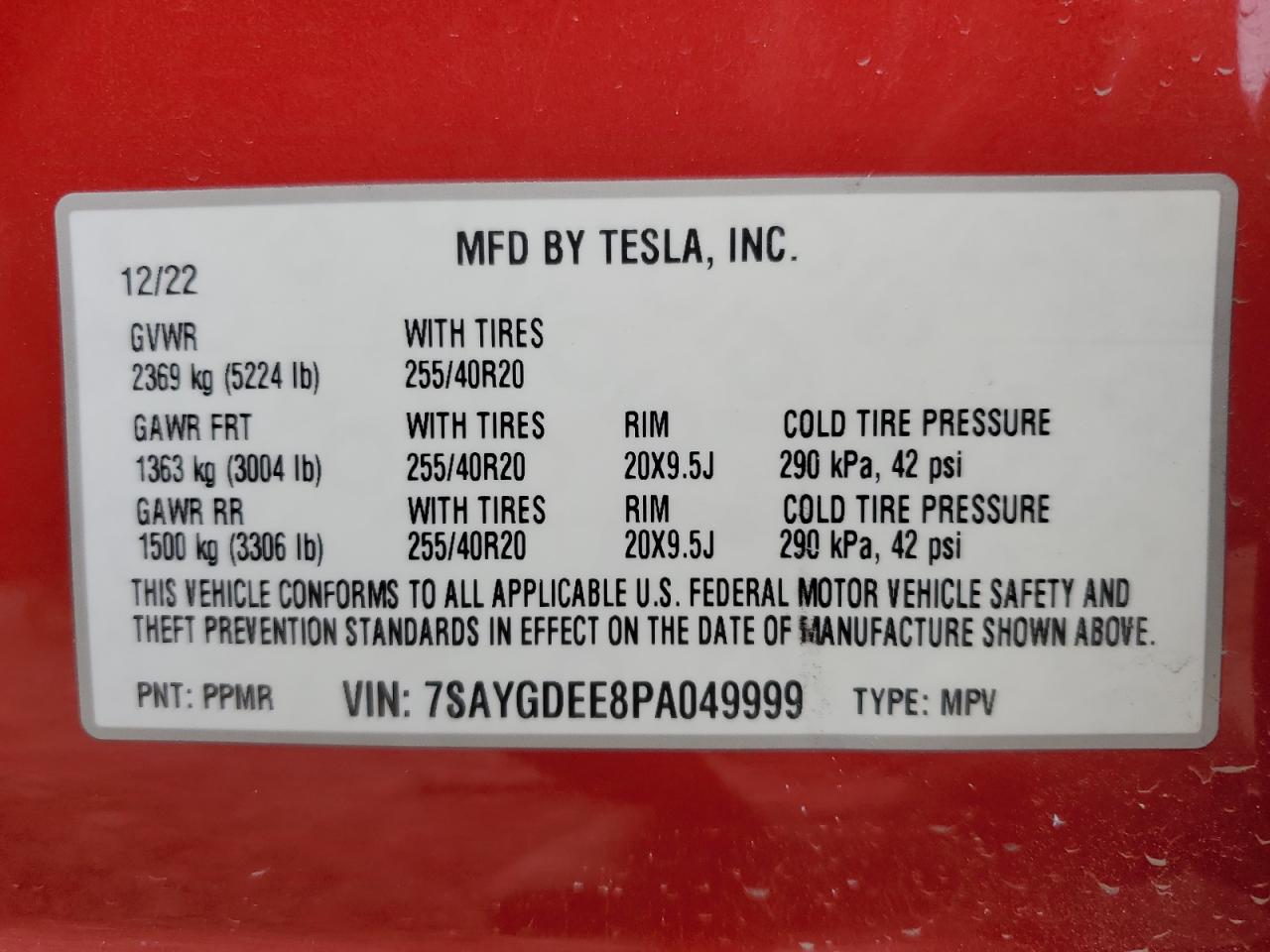 2023 TESLA MODEL Y VIN:7SAYGDEE8PA049999