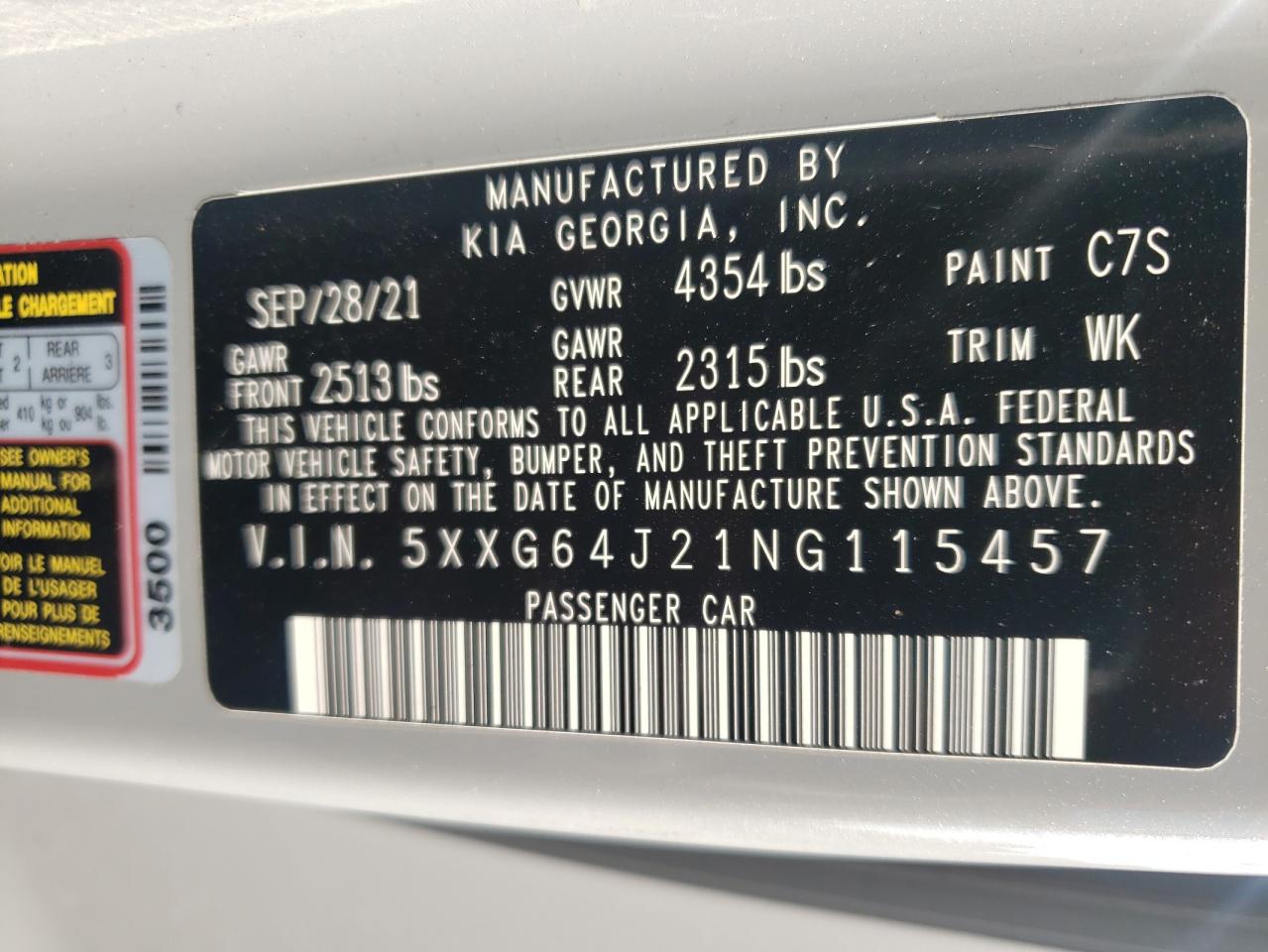 2022 KIA K5 GT LINE VIN:5XXG64J21NG115457