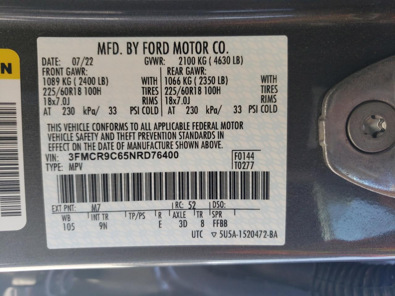 2022 FORD BRONCO SPORT OUTER BANKS VIN:3FMCR9C65NRD76400