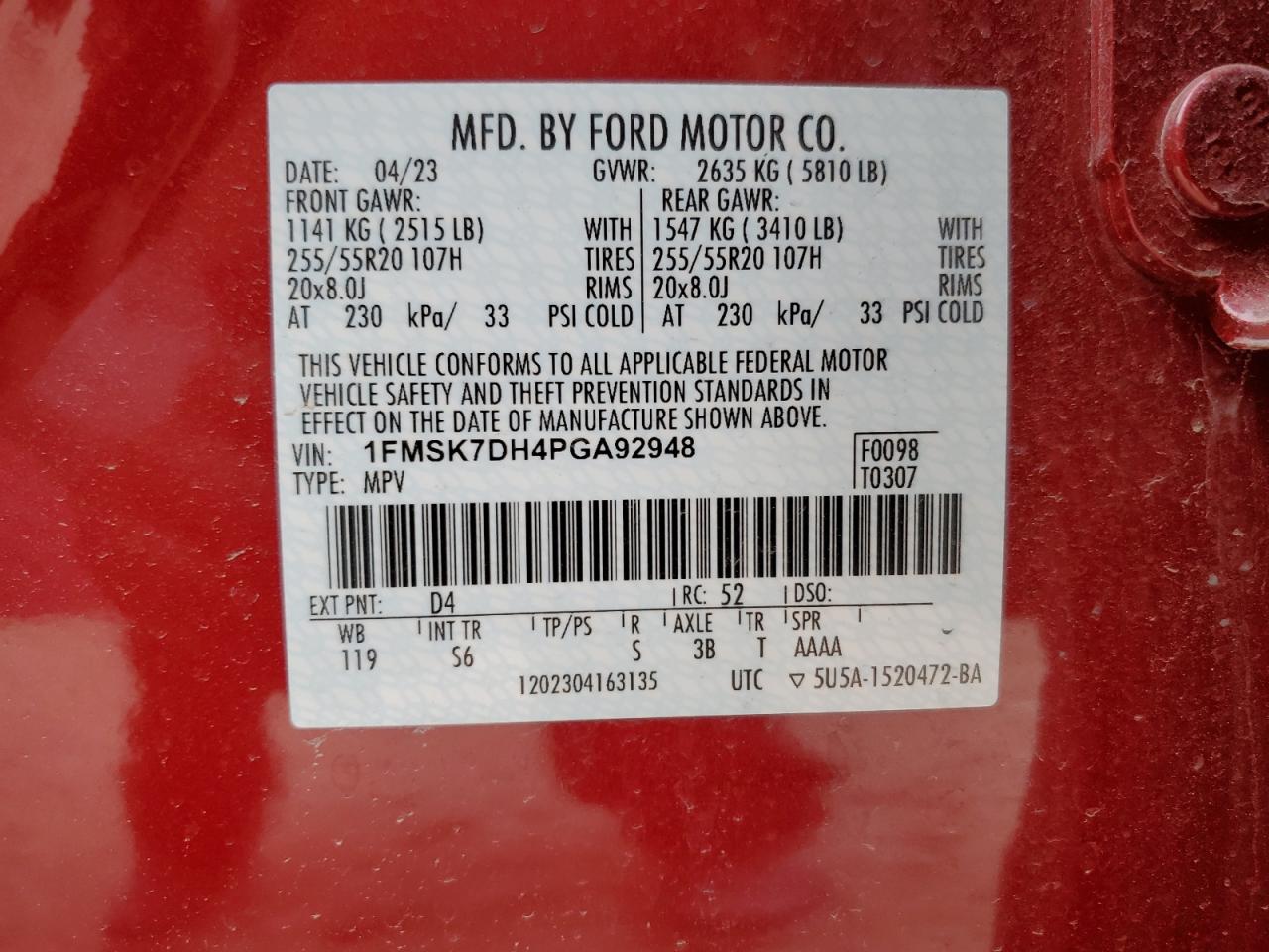 2023 FORD EXPLORER XLT VIN:1FMSK7DH4PGA92948