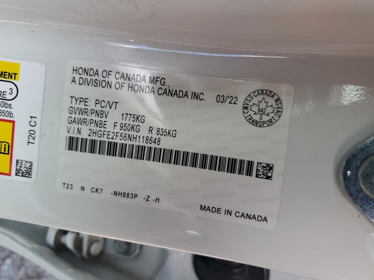 2022 HONDA CIVIC SPORT VIN:2HGFE2F56NH118648