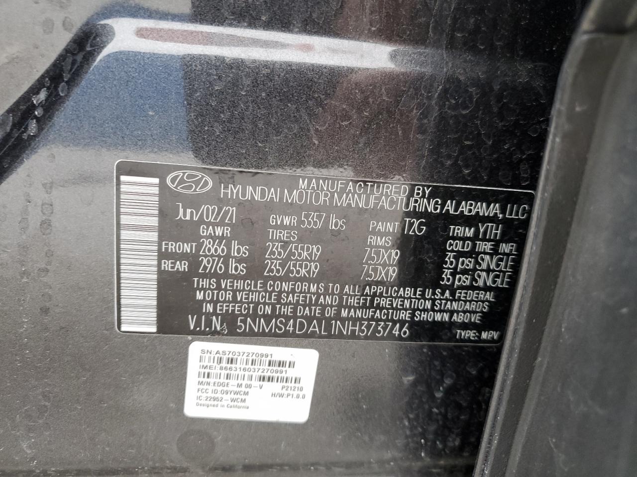 2022 HYUNDAI SANTA FE LIMITED VIN:5NMS4DAL1NH373746