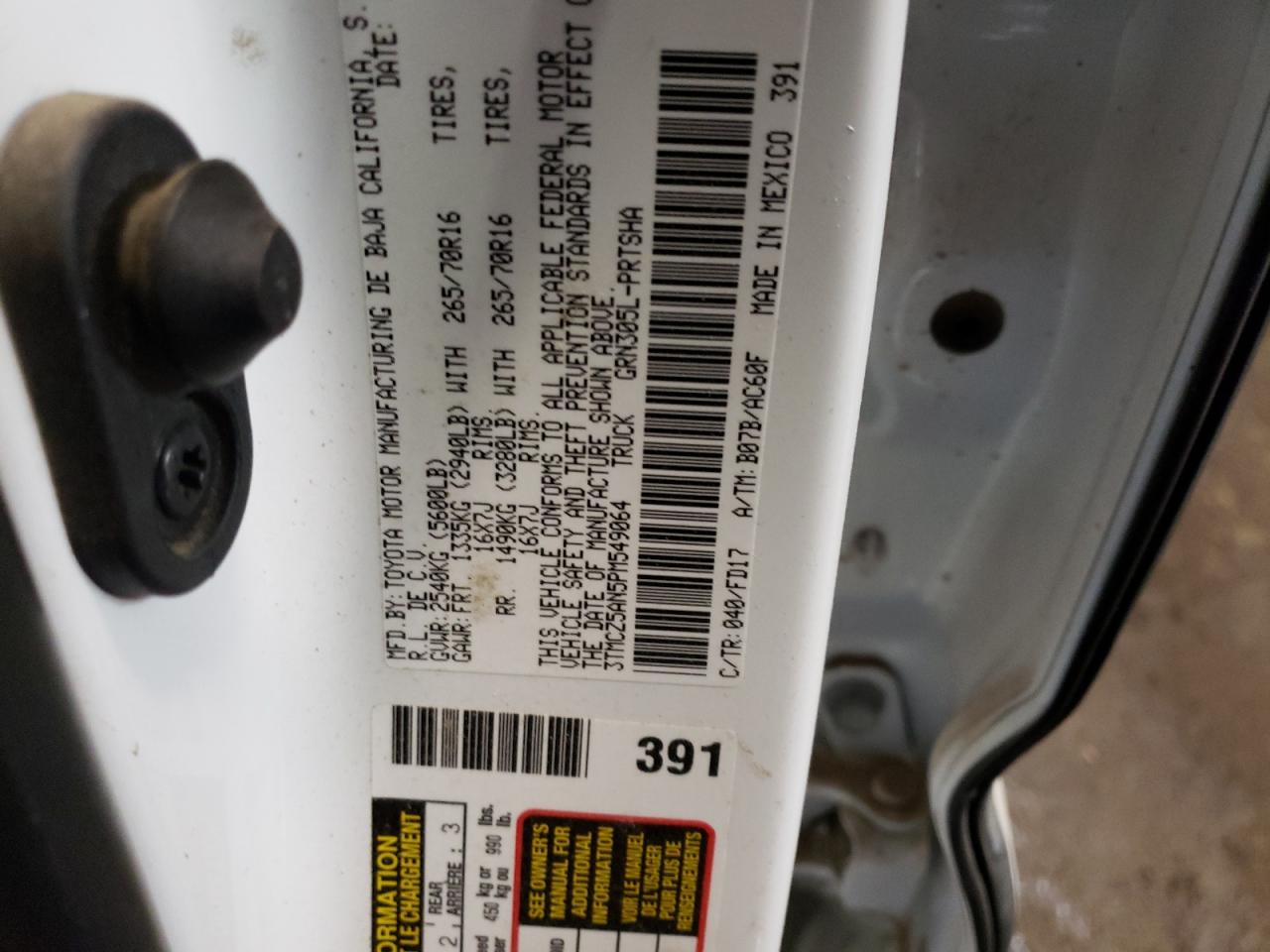 2023 TOYOTA TACOMA DOUBLE CAB VIN:3TMCZ5AN5PM549064