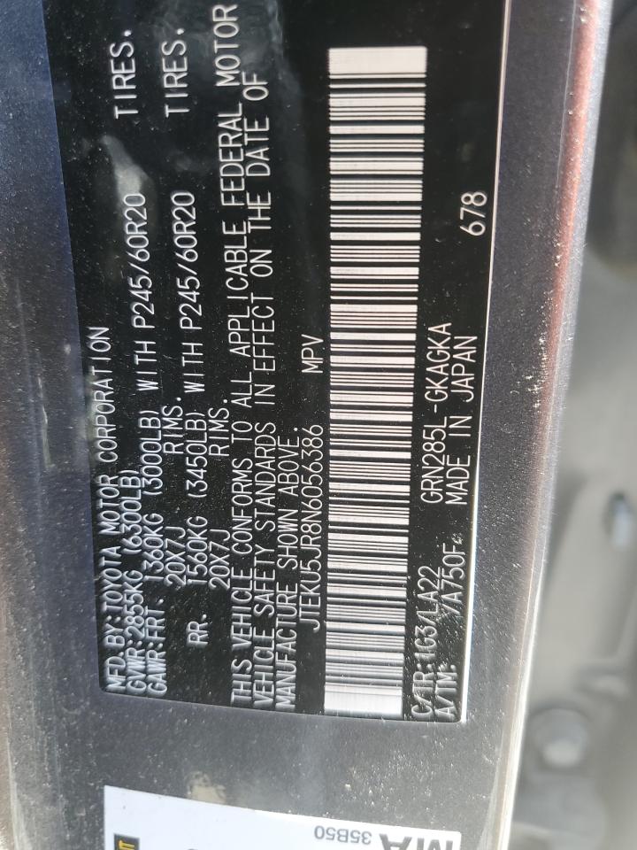 2022 TOYOTA 4RUNNER LIMITED VIN:JTEKU5JR8N6056386