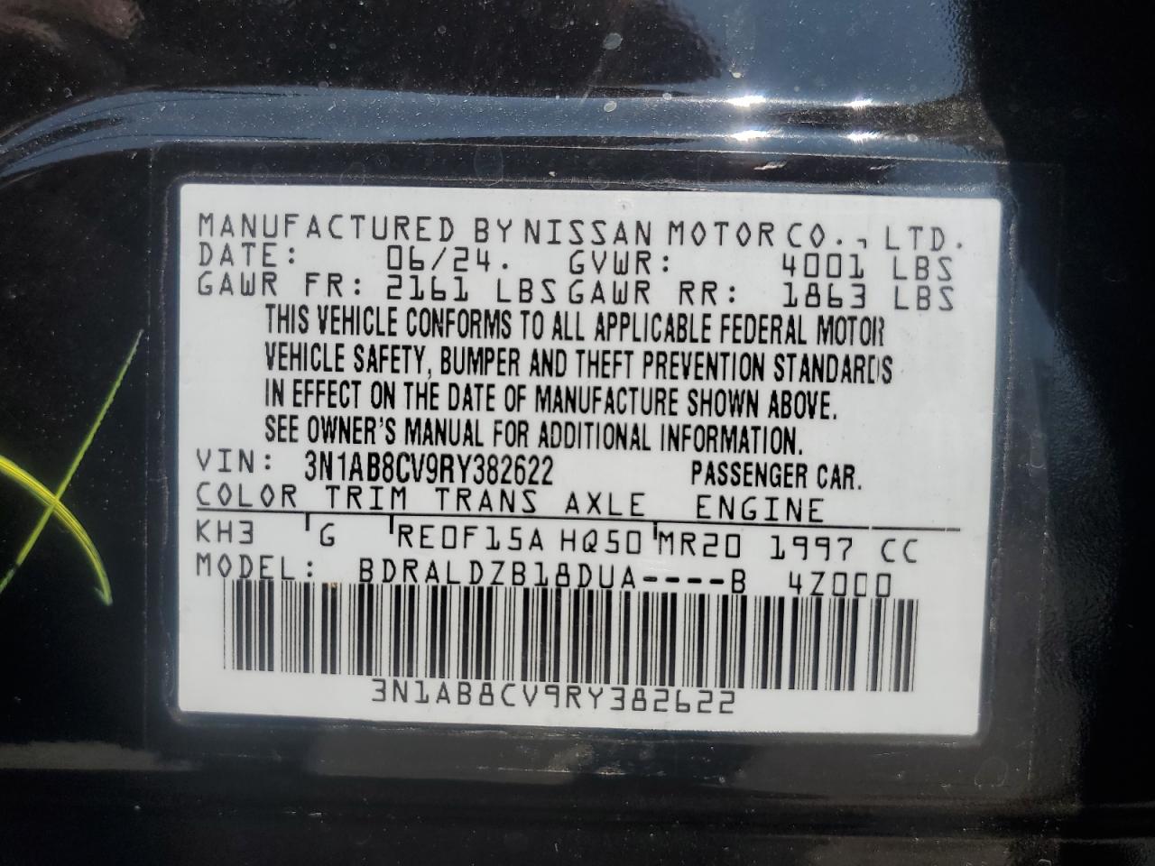 2024 NISSAN SENTRA SV VIN:3N1AB8CV9RY382622