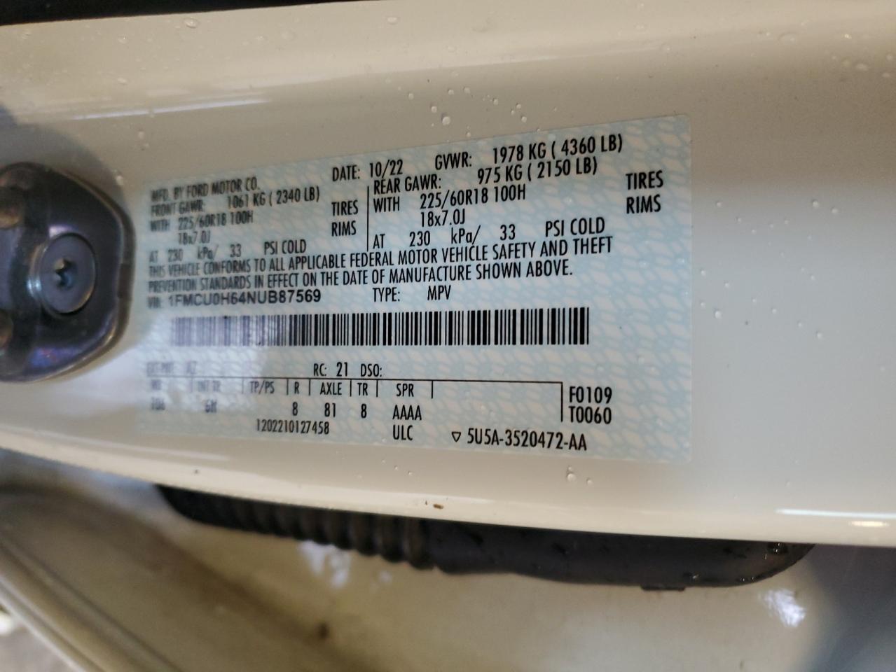 2022 FORD ESCAPE SEL VIN:1FMCU0H64NUB87569