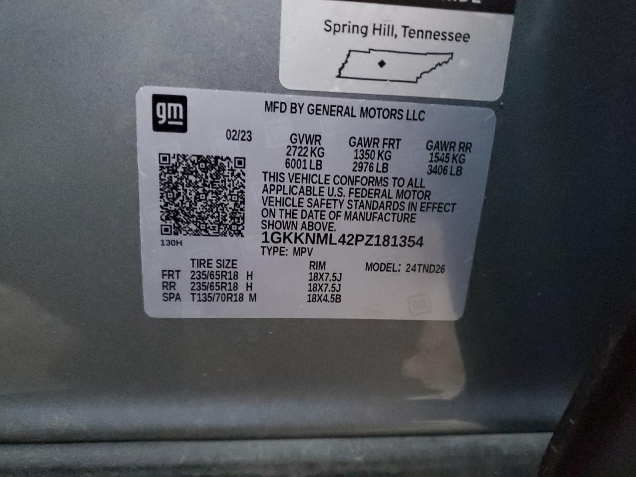 2023 GMC ACADIA SLT VIN:1GKKNML42PZ181354