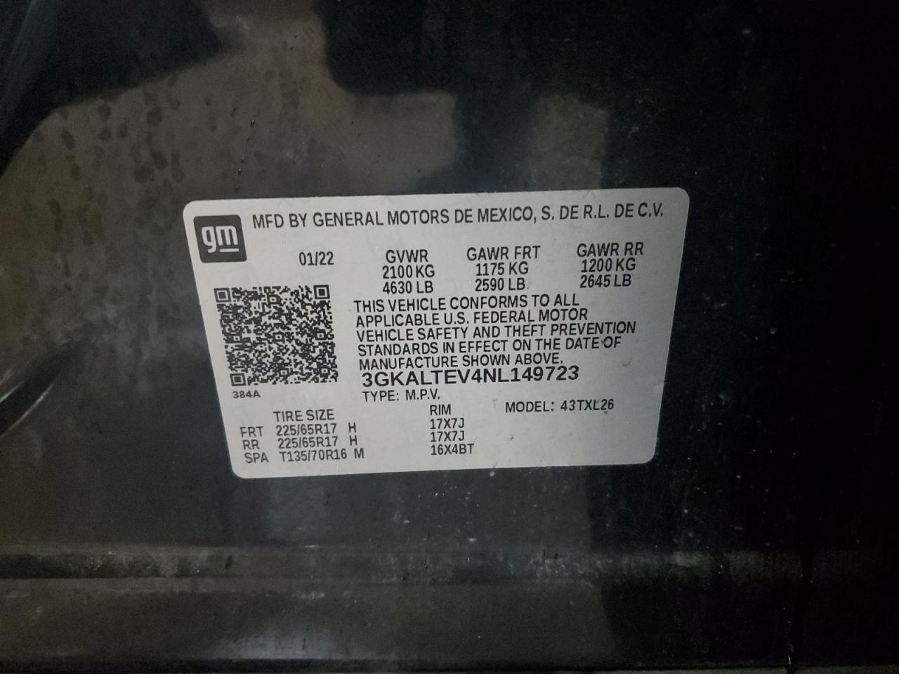 2022 GMC TERRAIN SLE VIN:3GKALTEV4NL149723