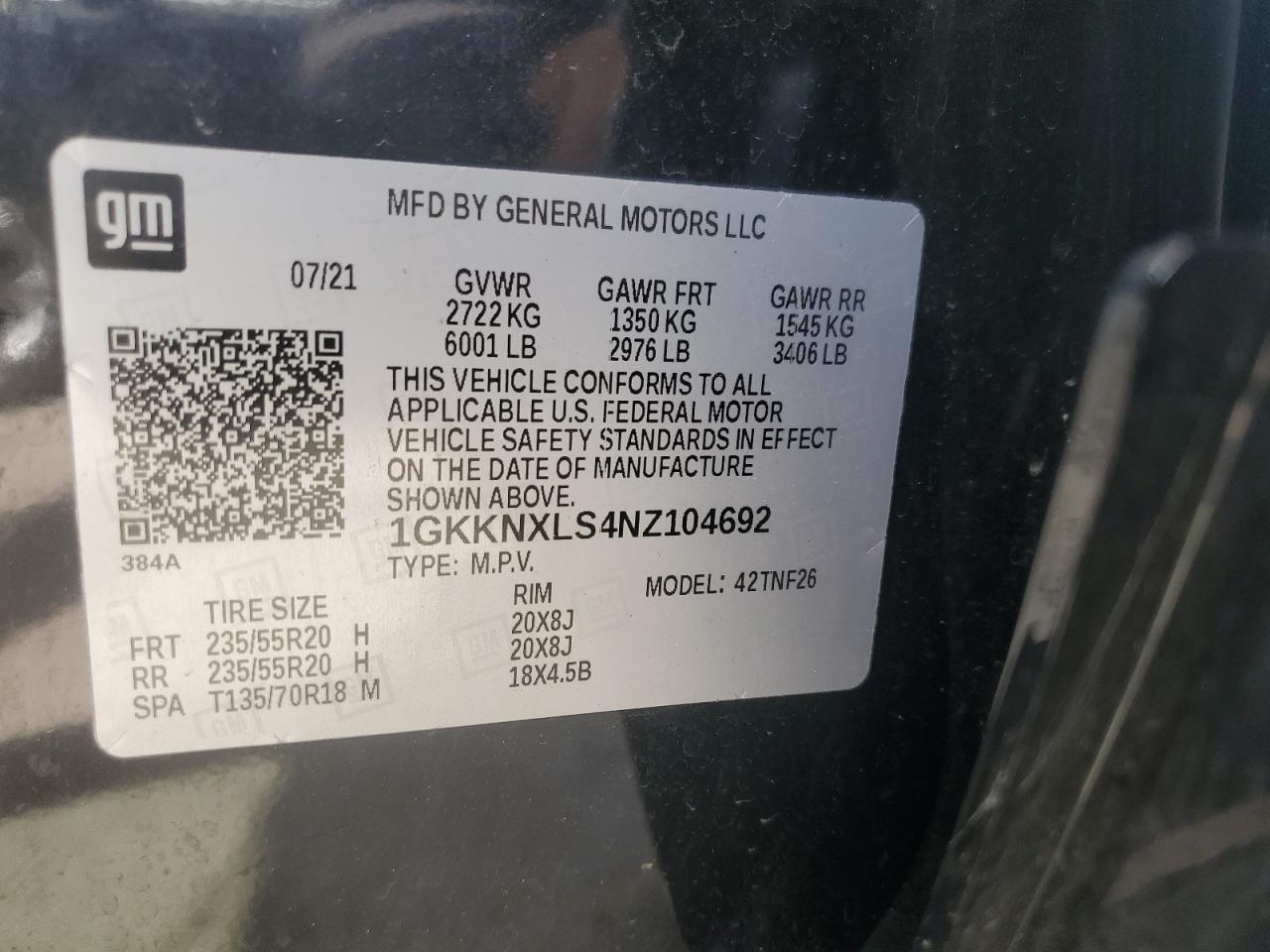 2022 GMC ACADIA DENALI VIN:1GKKNXLS4NZ104692