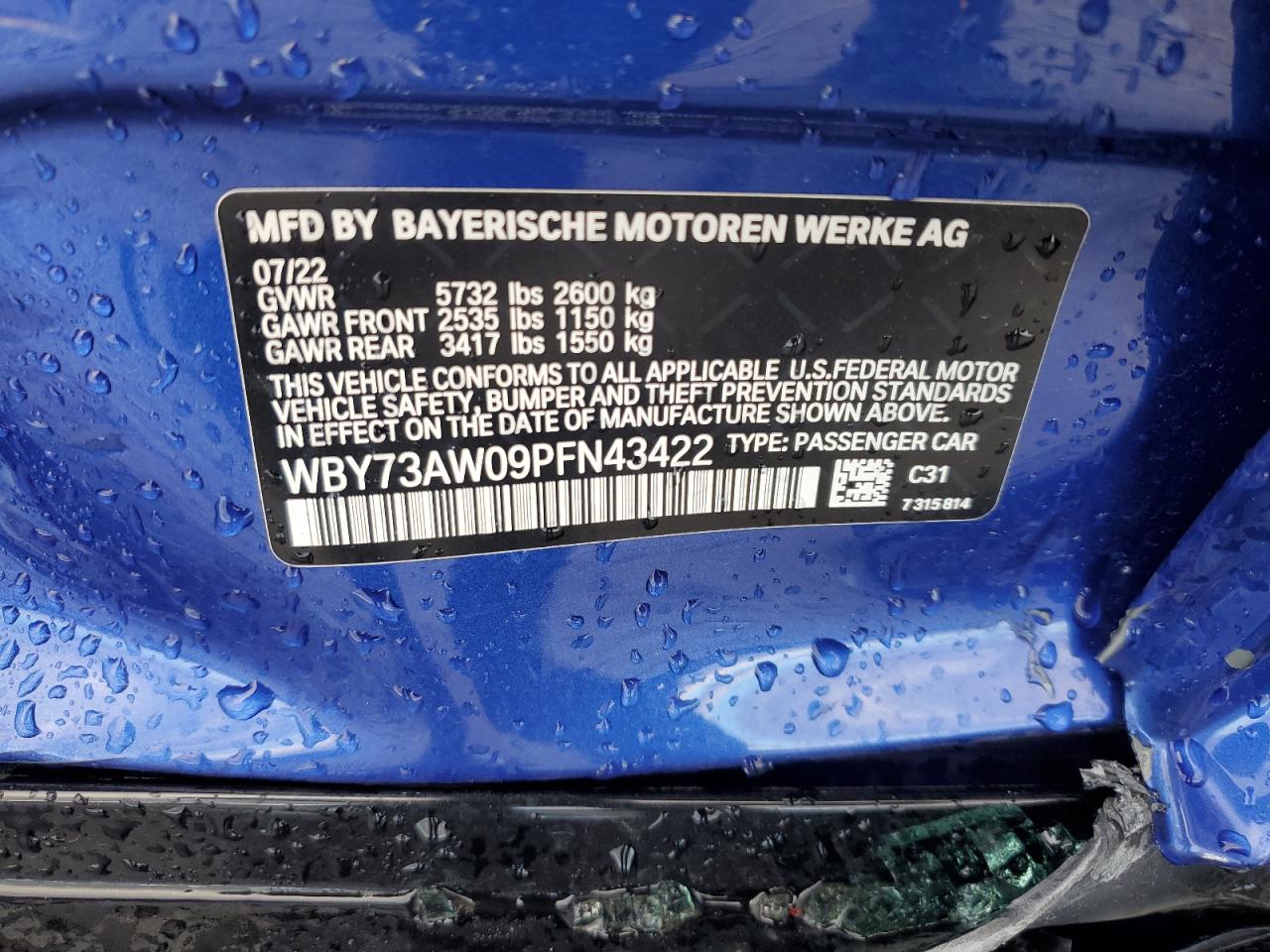 2023 BMW I4 EDRIVE 40 VIN:WBY73AW09PFN43422