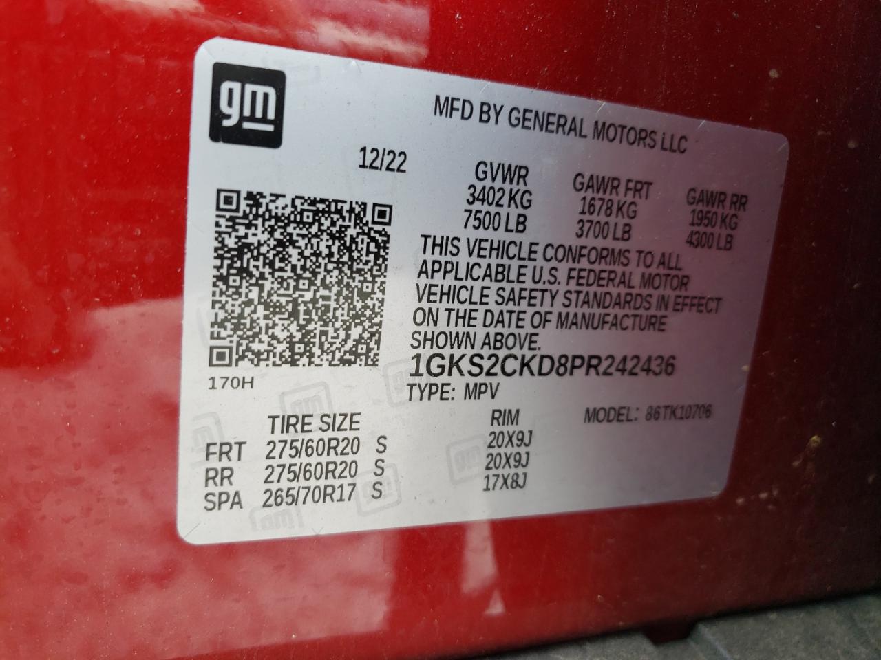 2023 GMC YUKON AT4 VIN:1GKS2CKD8PR242436