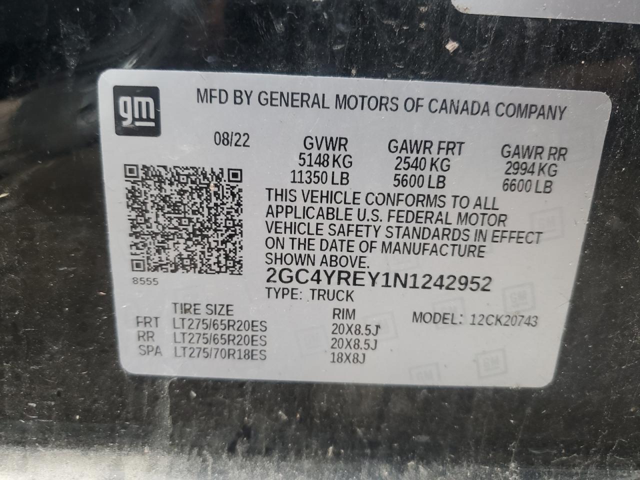 2022 CHEVROLET SILVERADO K2500 HIGH COUNTRY VIN:2GC4YREY1N1242952