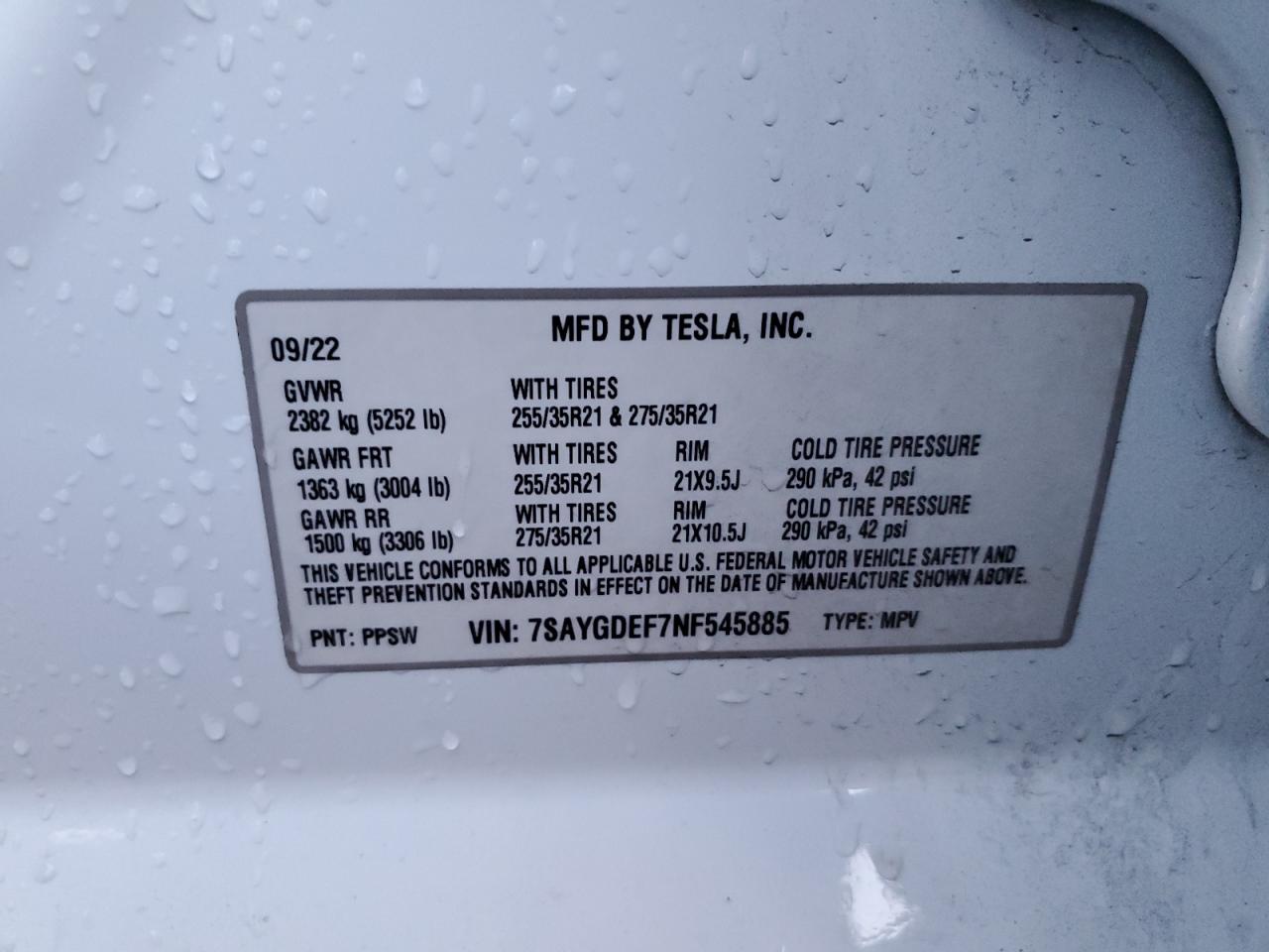 2022 TESLA MODEL Y  VIN:7SAYGDEF7NF545885