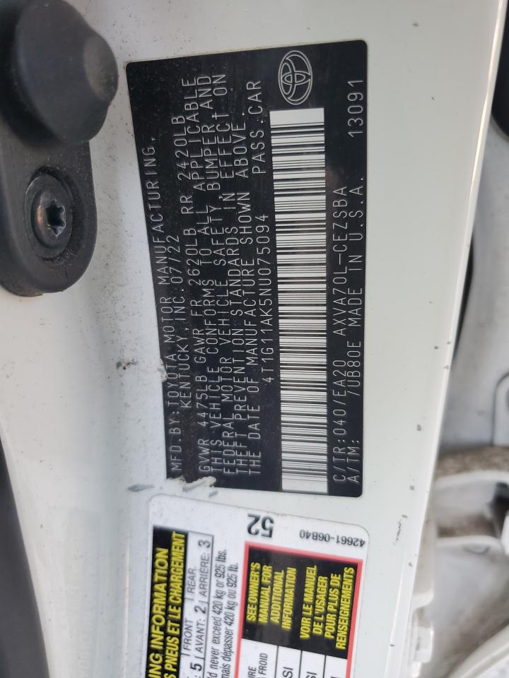2022 TOYOTA CAMRY SE VIN:4T1G11AK5NU075094