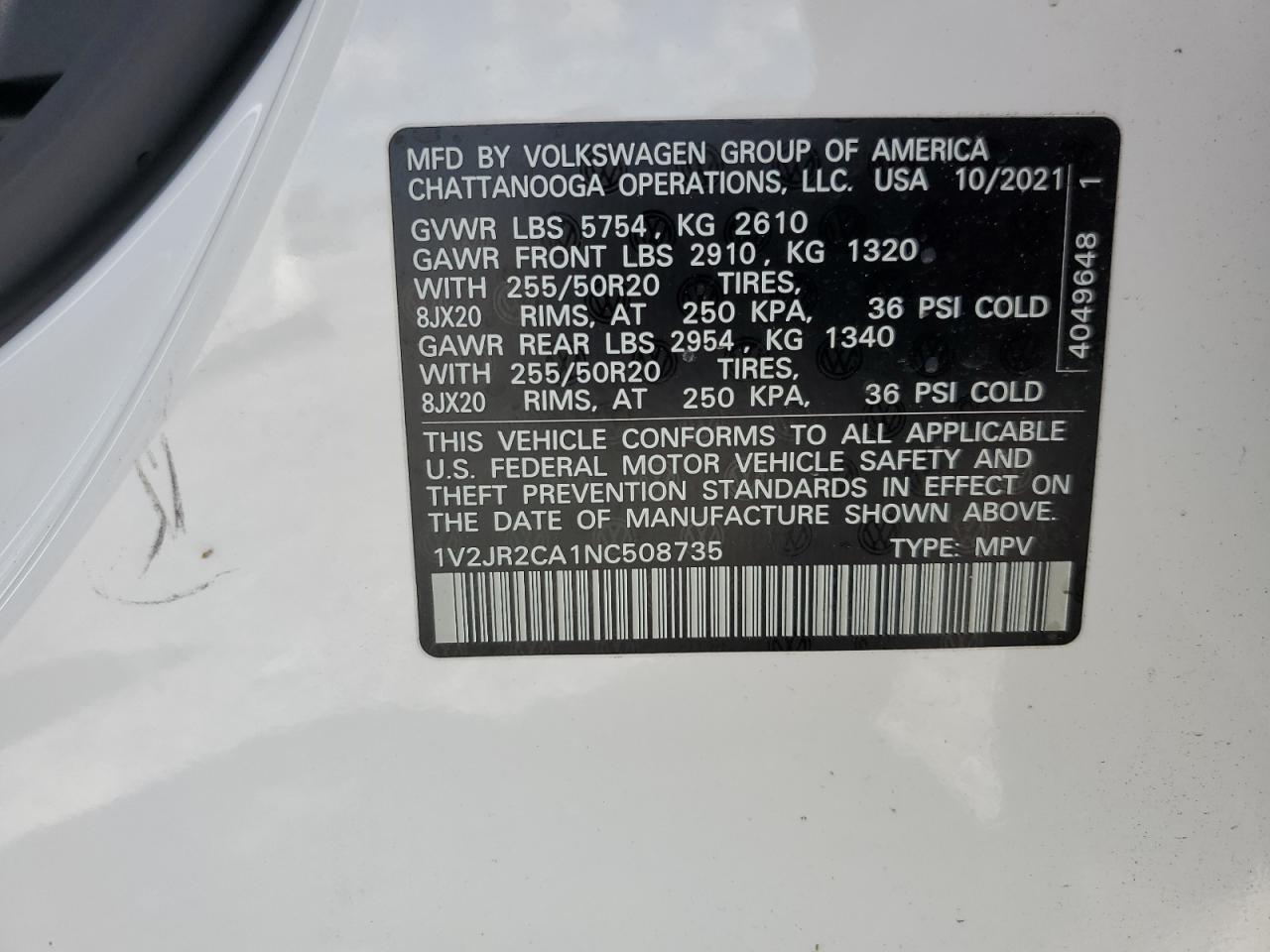 2022 VOLKSWAGEN ATLAS SE VIN:1V2JR2CA1NC508735