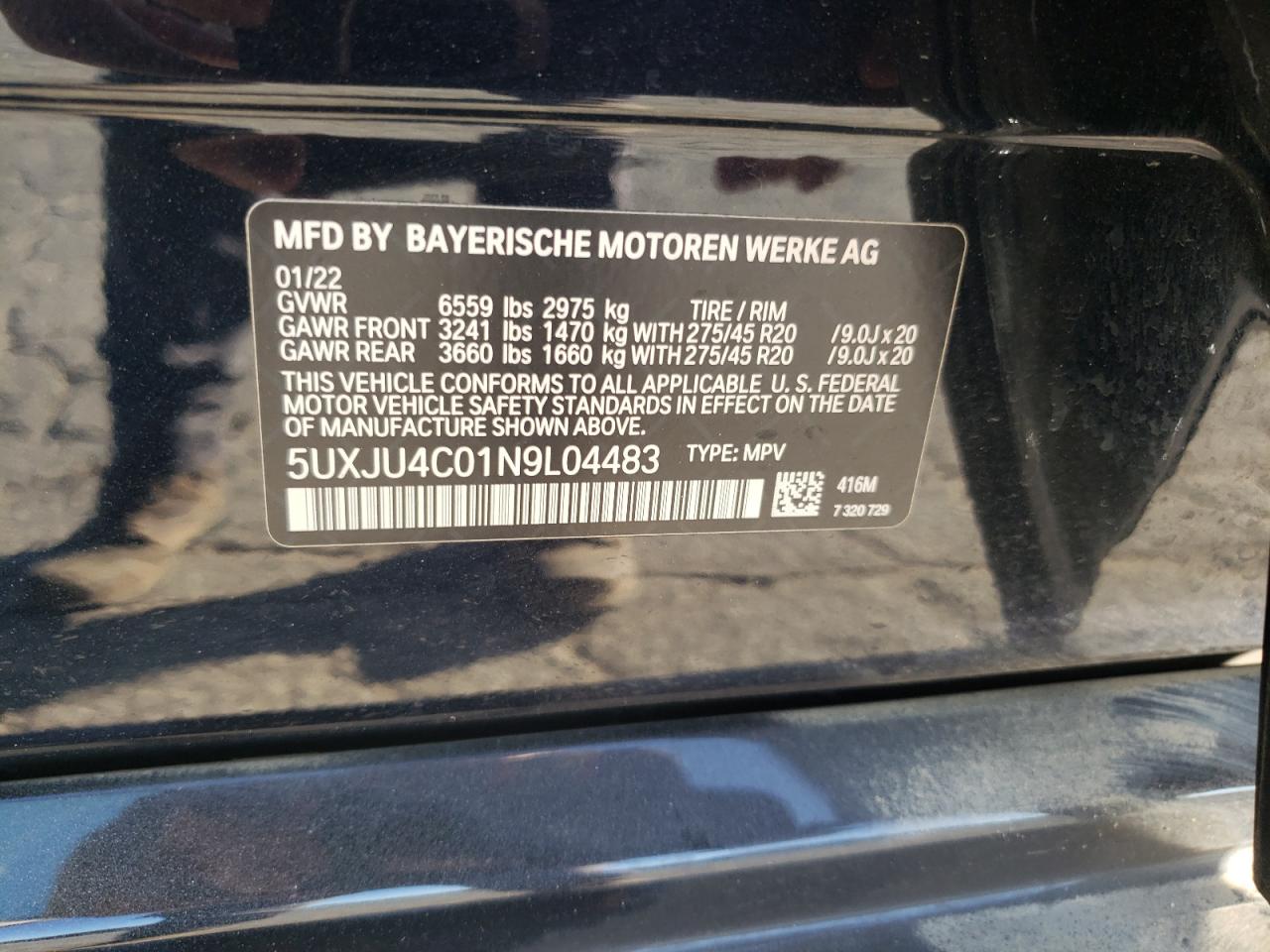 2022 BMW X5 M50I VIN:5UXJU4C01N9L04483