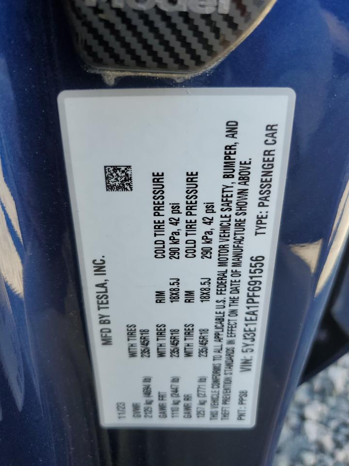 2023 TESLA MODEL 3  VIN:5YJ3E1EA1PF691556