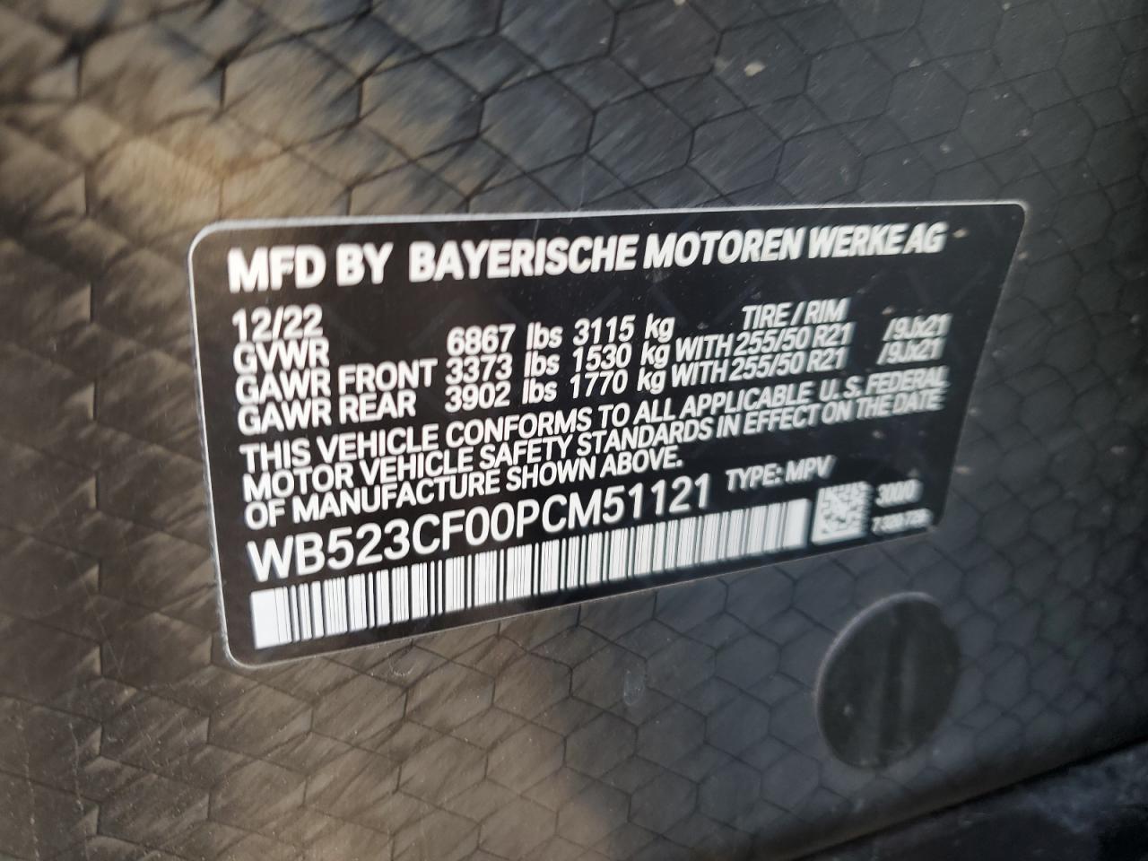 2023 BMW IX XDRIVE50 VIN:WB523CF00PCM51121