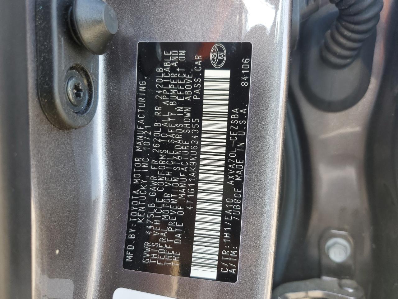 2022 TOYOTA CAMRY SE VIN:4T1G11AK9NU634355