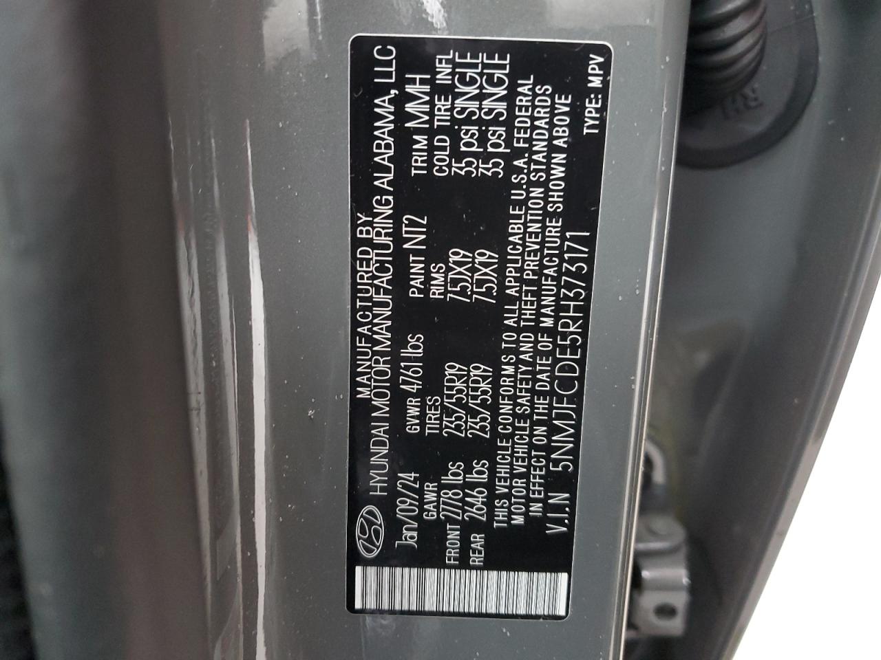 2024 HYUNDAI TUCSON SEL VIN:5NMJFCDE5RH373171