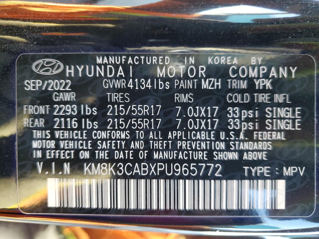 2023 HYUNDAI KONA SEL VIN:KM8K3CABXPU965772